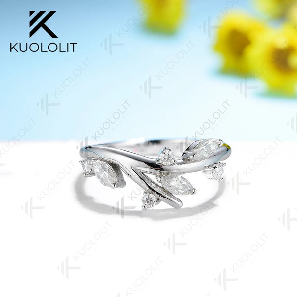 Kuololit Moissanit-Ring (0,45 ct) aus 18K/14K 585 Weißgold für Damen, Zweig-Marquise-Schliff, Solitär, passender Ring, Verlobungs- oder Weihnachtsring 