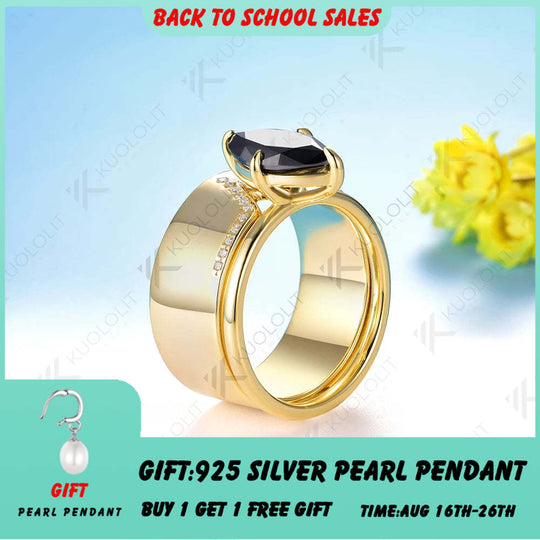 Kuololit 2CT Marquise Cut Black Moissanite Engagement Set Ring for Women Solid 18K 14K 585 Yellow Gold Bands Ring for Christmas