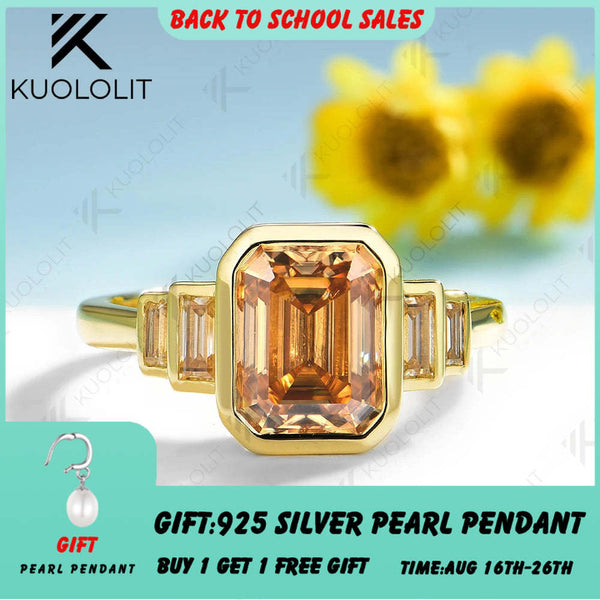Kuololit 3CT Emerald Champange Moissanite Engagement Ring for Women Solid 14K 10K Gold Emerald Cut Ring for Christmas Gift Party  Wedding