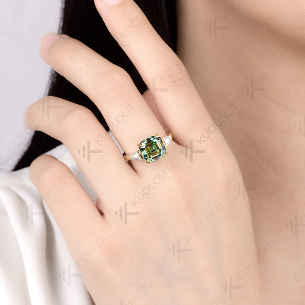 Kuololit 3.5CT Asscher Cut Cyan Moissanite Ring for Women Solid 14K 10K 585 White Gold for Engagement Wedding Christmas Gifts Party
