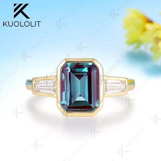 Kuololit 3CT Lab Grown Alexandrite Moissanite Ring for Women Solid 14K 10K 585 Yeollw Gold Emerald Cut Ring for Christmas Gifts