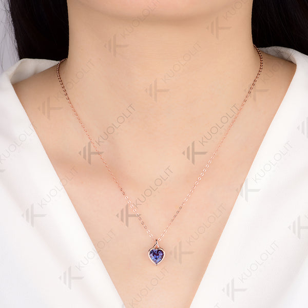 Kuololit 2CT Moissanite Lab Grown Alexandrite Heart Necklace for Women Solid 14K 10K 585 Rose Gold Heart Necklace for Christmas Gifts Party