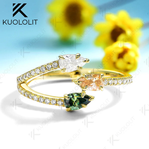 Kuololit 1.1CTW Cyan Champagne Moissanite Ring for Women Solid 18K14K 10K 585 Yellow Gold Pear Cut Engagement Ring for Christmas