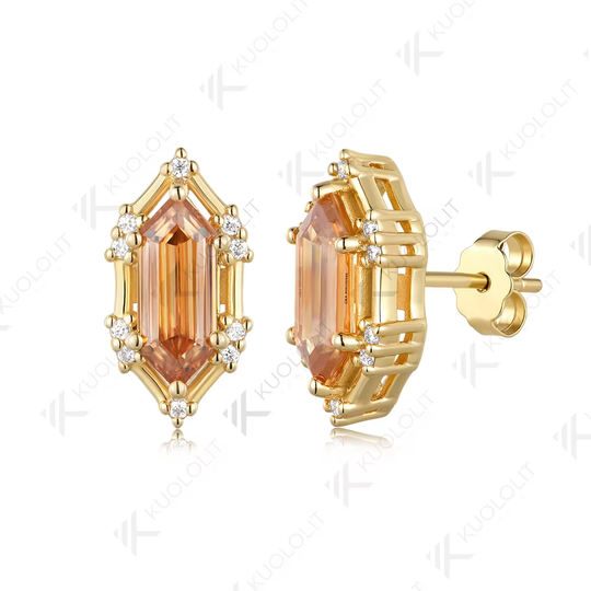 Kuololit 3CT Elongate Hexagon White Champagne Moissanite Custom Stud Earrings for Women Solid 14K 10K 585 Yellow Gold for Christmas Gifts Party