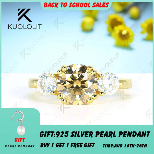 Kuololit 2CT Champagne Moissanite and 0.8ct White Moissanite Rings for Women Round Cut Solitaire Ring for Engagement Wedding