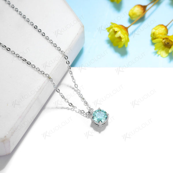 Kuololit 5.0mm Cyan Moissanite  Necklace for Women Sterling 925 Silver Pendant for Christmas Gifts Party