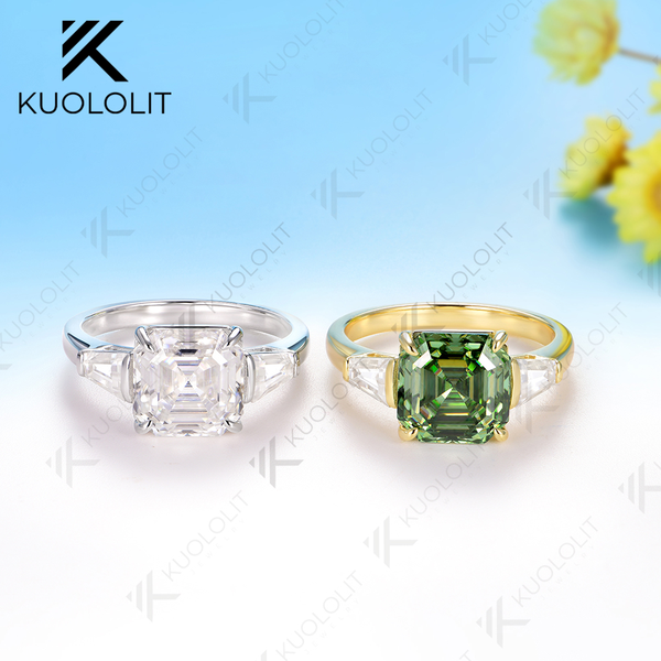 Kuololit 3.5CT Asscher Cut Cyan Moissanite Ring for Women Solid 14K 10K 585 White Gold for Engagement Wedding Christmas Gifts Party