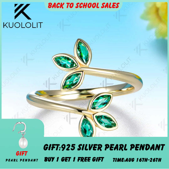 Kuololit Lab Grown Emerald Leaf Custom Ring for Women Solid 14K 10K 585 Yellow Gold Engagement Ring for Christmas Gift Party