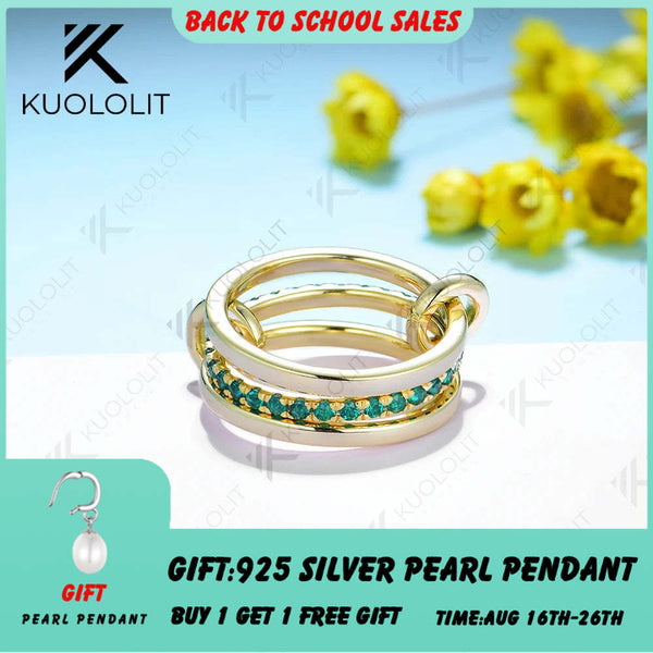 Kuololit-Ring mit im Labor gezüchtetem Smaragd für Damen und Herren, massives 585er Sterlingsilber, 14K/10K Silber und Gelbgold, 3 Ringe, „Connect for Christmas“ (Verlobungsgeschenk) 
