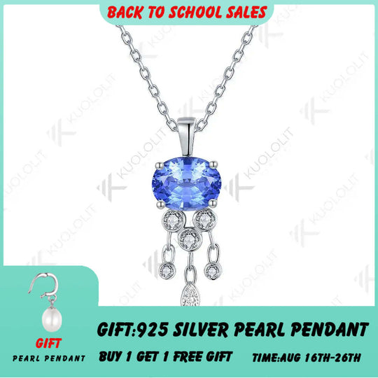 Kuololit 3CT Lab Grown Blue Sapphire with Moissanite Necklace for Women Solid 18K 14K 10K 585 Yellow Gold Pendant for Christmas