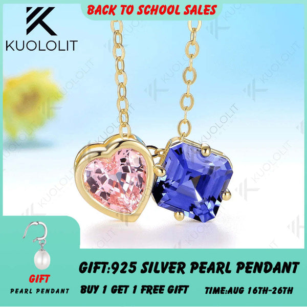 Kuololit 3CTW Lab Grown Blue Pink Sapphire Necklace for Women Solid 14K 10K 585 Yellow Gold Necklace for Christmas Gifts Party