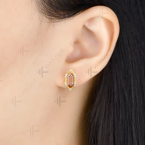 Kuololit 3CT Elongate Hexagon White Champagne Moissanite Custom Stud Earrings for Women Solid 14K 10K 585 Yellow Gold for Christmas Gifts Party
