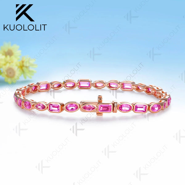 Kuololit 10CTW Lab Grown Pink Sapphire Custom Bracelet for Women Men 14K 10K 585 Yellow Gold Custom Bracelet for Christmas Gifts
