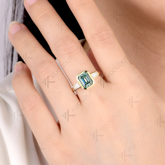 Kuololit 3CT Emerald Cut Cyan Moissanite Engagement Ring for Women Solid 14K 10K 585 Yeollw Gold Ring for Christmas Gifts Engagement
