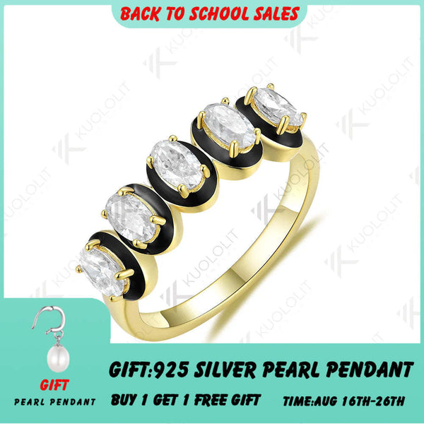 Kuololit 1,5 Karat Moissanit-Ring mit ovalem Schliff und schwarzem Emaille für Damen, massiver 10K 585 Gelbgold-Verlobungsring mit Moissanit – das perfekte Weihnachtsgeschenk 