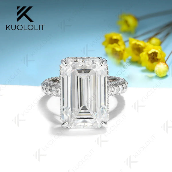 Kuololit 16CTW Moissanite Rings for Women Men PT950 Solid 14K 10K White Gold Emerald Cut  for Wedding Luxury Engagement Christmas