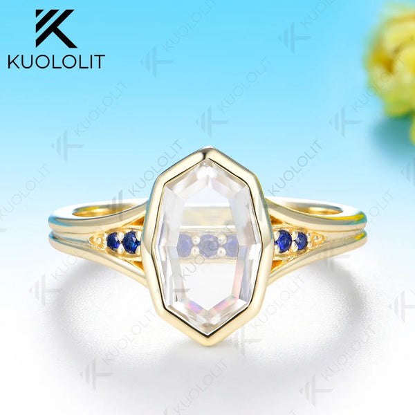 Kuololit 2CT Unique Portrait Cut Rhombus Moissanite Sapphire Custom Ring for Women Solid 14K 10K Yellow Gold for Christmas Gifts