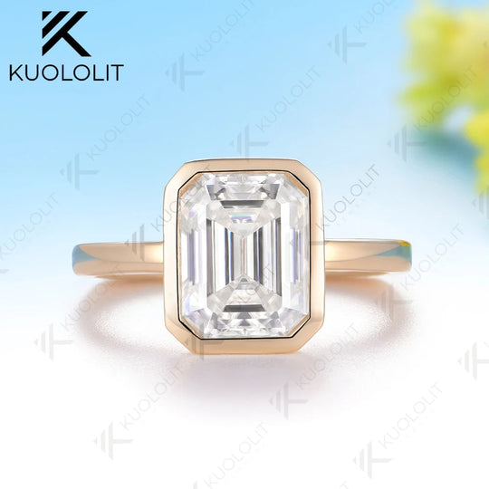 Kuololit 3ct Emerald Cut Europe Shank Custom Ring for Women Solid 14K 10K 585 Rose Gold Engagement Ring for Christmas Gift Party