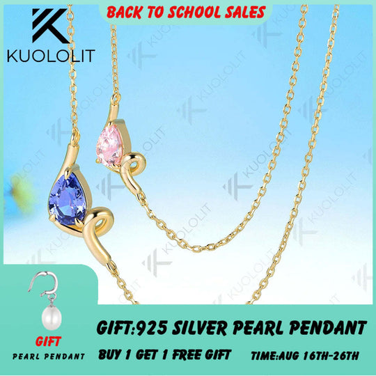 Kuololit 3CTW Lab Grown Blue Pink Sapphire Necklace for Women Solid 14K 10K 585 Yellow Gold Pear Necklace for Christmas Gifts