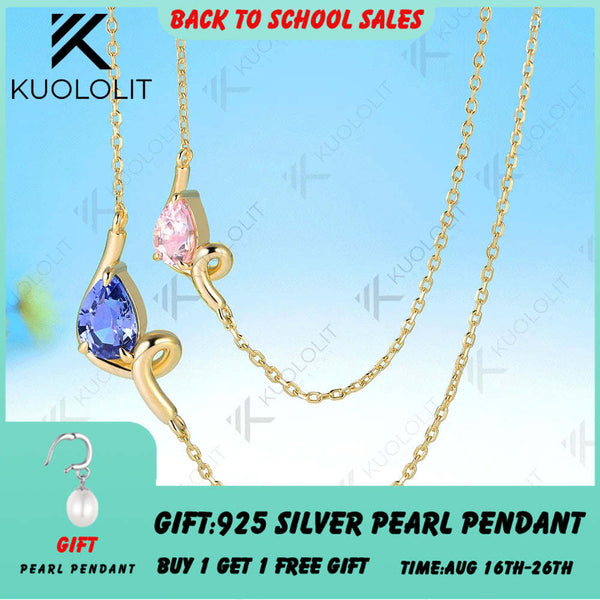 Kuololit 3CTW Lab Grown Blue Pink Sapphire Necklace for Women Solid 14K 10K 585 Yellow Gold Pear Necklace for Christmas Gifts