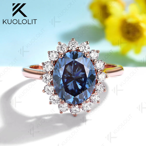 Kuololit 3CT Oval Blue Moissanite Engagement Ring for Women Soild 10K 14K Rose Gold Ring for Christmas Gifts Party Anniversary