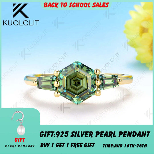 Kuololit 2CT Hexagon Cyan Moissanite Ring for Women Solid 585 10K 14K Yellow Gold for Wedding Engagement Anniversary Christmas