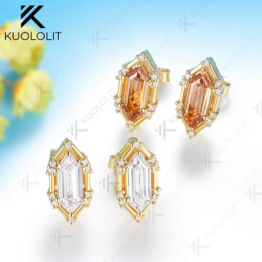 Kuololit 3CT Elongate Hexagon White Champagne Moissanite Custom Stud Earrings for Women Solid 14K 10K 585 Yellow Gold for Christmas Gifts Party