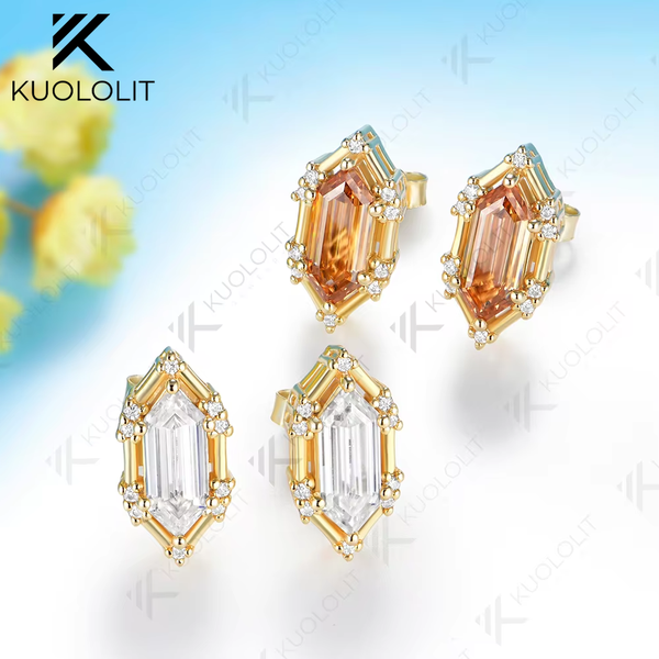 Kuololit 3CT Elongate Hexagon White Champagne Moissanite Custom Stud Earrings for Women Solid 14K 10K 585 Yellow Gold for Christmas Gifts Party