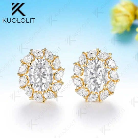 Kuololit 3CTW Oval Moissanite Custom Stud Earrings for Women Solid 14K 10K 585 Yellow Gold Oval Cut for Christmas Gifts Party