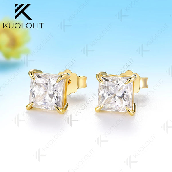 Kuololit 2.4CTW Princess Cut Moissanite Custom Stud Earrings for Women Solid 14K 10K 585 Yellow Gold Stud Earrings for Christmas