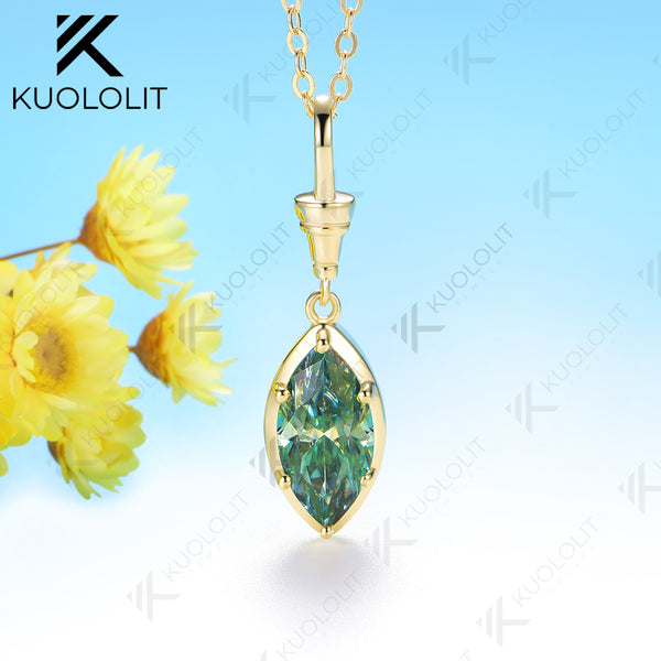 Kuololit 2CT Blue Cyan Moissanite Marquise Necklace for Women 14K 10K 925Sliver Yellow Gold Pendant with Chain for Party Classic Gift