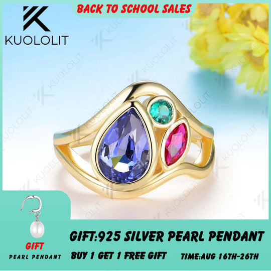 Kuololit 2.4CTW Lab Grown Blue Sapphire Ruby Emerald Moissanite Ring for Women Solid 14K 10K 585 Yellow Gold for Christmas Gifts
