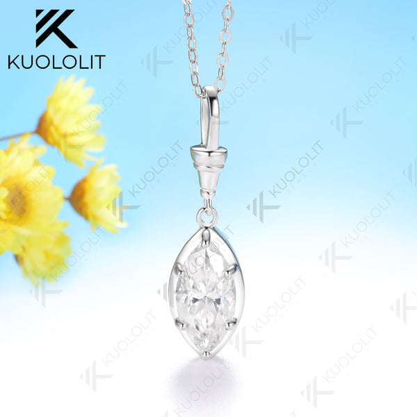 Kuololit 2CT Blue Cyan Moissanite Marquise Necklace for Women 14K 10K 925Sliver Yellow Gold Pendant with Chain for Party Classic Gift
