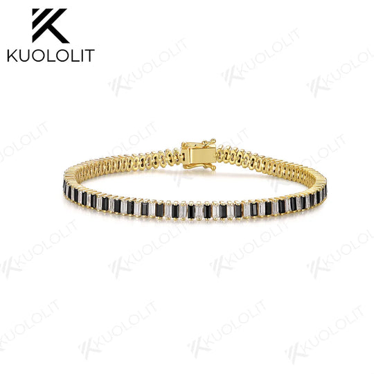 Bracelet de tennis Kuololit pour femme, en or massif 18K/10K/585, serti de moissanites noires et blanches de 6 carats, couleur alternée, idéal pour Noël. 
