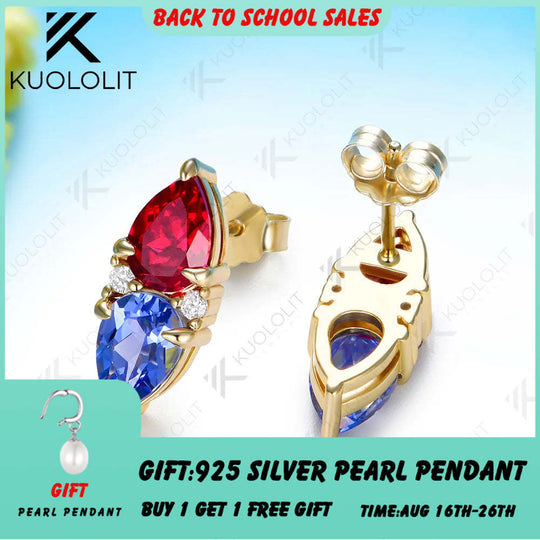Kuololit 5CTW Lab Grown Ruby Sapphire Custom Clip Earrings for Women Solid 14K 10K 585 Yellow Gold Pear Cut for Christmas Gifts