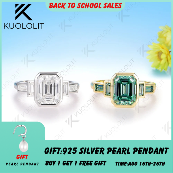 Kuololit 3CT Emerald Cut Cyan Moissanite Ring for Women Solid 14K 10K 585 Yelllow Gold Engagement Ring for Christmas Gifts Party