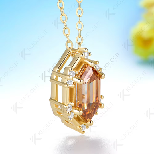 Kuololit 2.5CT Elonged Hexagon White Champagne Moissantie Necklace for Women Solid 585 14K 10K Yellow Gold Custom Necklace for Christmas Gifts