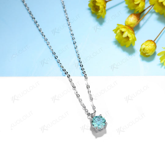 Kuololit 5.0mm Cyan Moissanite  Necklace for Women Sterling 925 Silver Pendant for Christmas Gifts Party