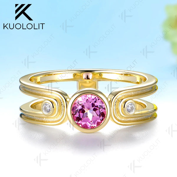 Kuololit 0.5CT Lab Grown Pink Sapphire Diamonds Custom Ring for Women Solid 14K 10K Yellow Gold for Anniversary Christmas Gifts