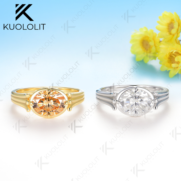 Kuololit 2CT Oval Champagne or D-Color Moissanite Engagement Ring for Women Solid 14K 10K 585 Yellow Gold Oval Cut  Ring for Christmas Gift Party