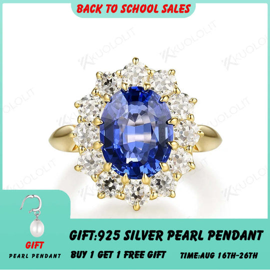 Kuololit Princess Diana 3CT Sapphire Moissanite Ring for Women Solid 14K Yellow Gold Lab-Grown Sapphire for Memory Engagement