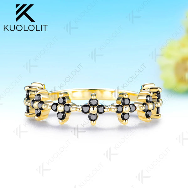 Kuololit 0.54CTW Black Moissanite Custom Ring Eternity Half Band for Women Solid 14K 10K 585 Yellow Gold for Christmas Jewelry