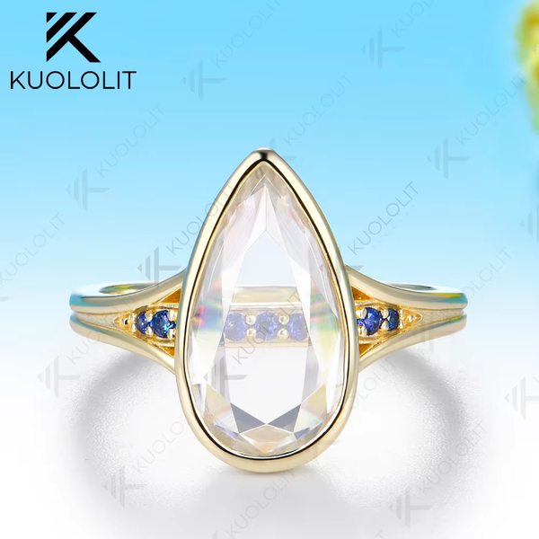 Kuololit 4CT Unique Portrait Pear Cut Moissanite Ruby or Sapphire RCustom Ring for Women Solid 14K 10K Yellow Gold for Engagement Christmas