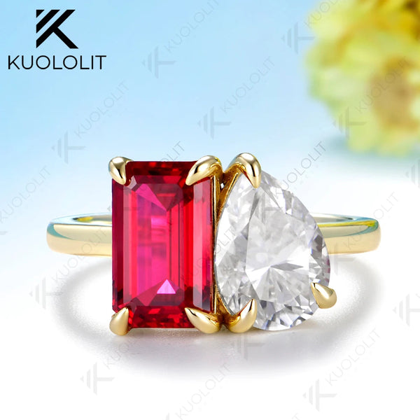 Kuololit 5.5CTW Lab Grown Ruby Moissantie Custom Ring for Women Solid 14K 10K  Yellow Gold Pear for Anniversary Christmas Gift