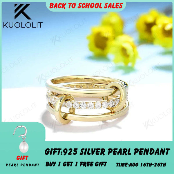 Kuololit Moissanit-Ringe für Damen und Herren, massiv, 18K, 14K, 10K, 925 Silber, Gelbgold, 3 Ringe, verbunden, ideal für Jahrestag oder Verlobung 