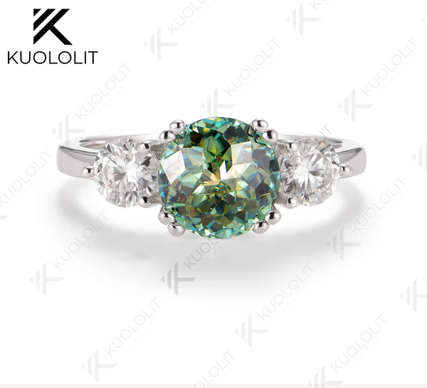 Kuololit 2CT Jubilee Cut Cyan Moissanite and 0.8ct White Moissanite Rings for Women Round Cut Solitaire Ring for Christmas