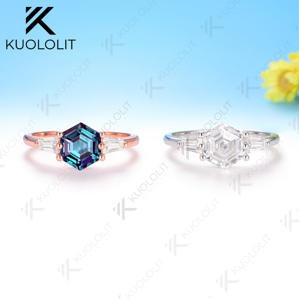 Kuololit 2CT Hexagon Lab Grown Alexandrite or Moissanite  Ring for Women Solid 585 10K 14K Yellow Gold for Wedding Engagement Christmas Gifts