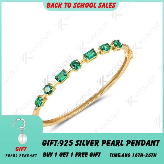 Kuololit Lab Grown Emerald Bangle for Women Solid 10K Yellow Gold Oval Shaped Gemstone Round Bracelet for Engagement Trendy Gift