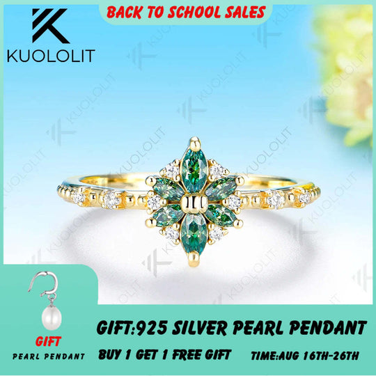 Kuololit 0.5CTW Cyan Moissanite Marquise Engagement Ring for Women Solid 14K 10K 585 Yellow Gold Flower Wedding Band for Christmas Jewelry