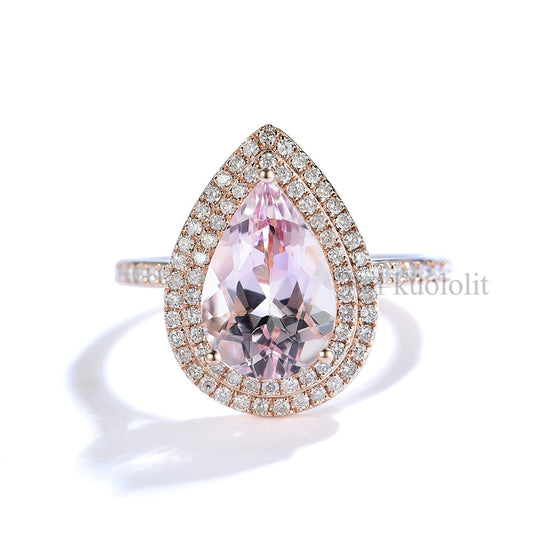 Kuololit 3 Karat Morganit-Ring für Damen, massives 18K/14K Roségold, Birnenform (8 x 12 mm), ideal für Verlobungsfeiern und als Geburtsstein. 